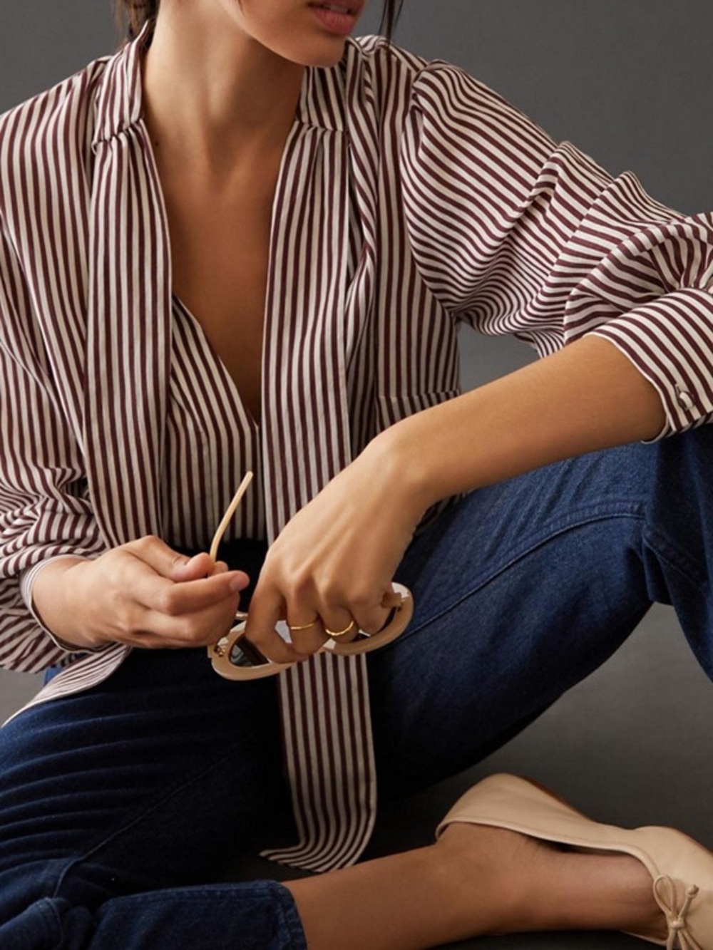 Anthropologie Maeve Tie Neck Blouse XXS Burgundy Stripe Office Career Parisian - Picture 2 of 13